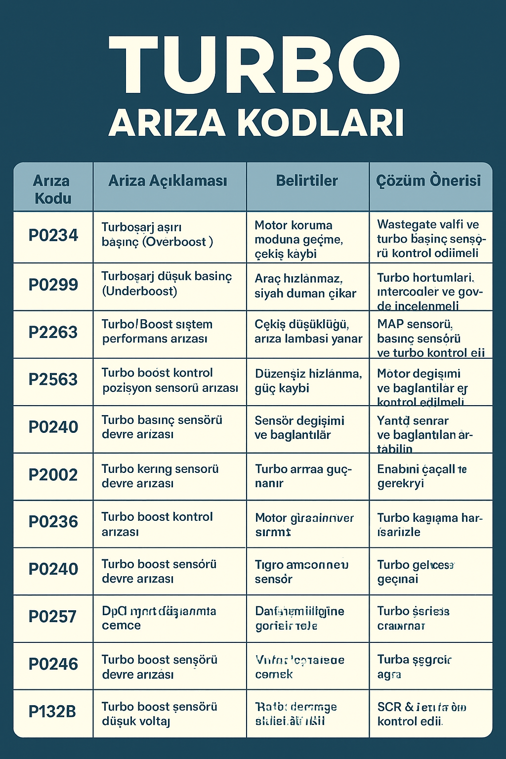 Turbo Arıza Kodları
